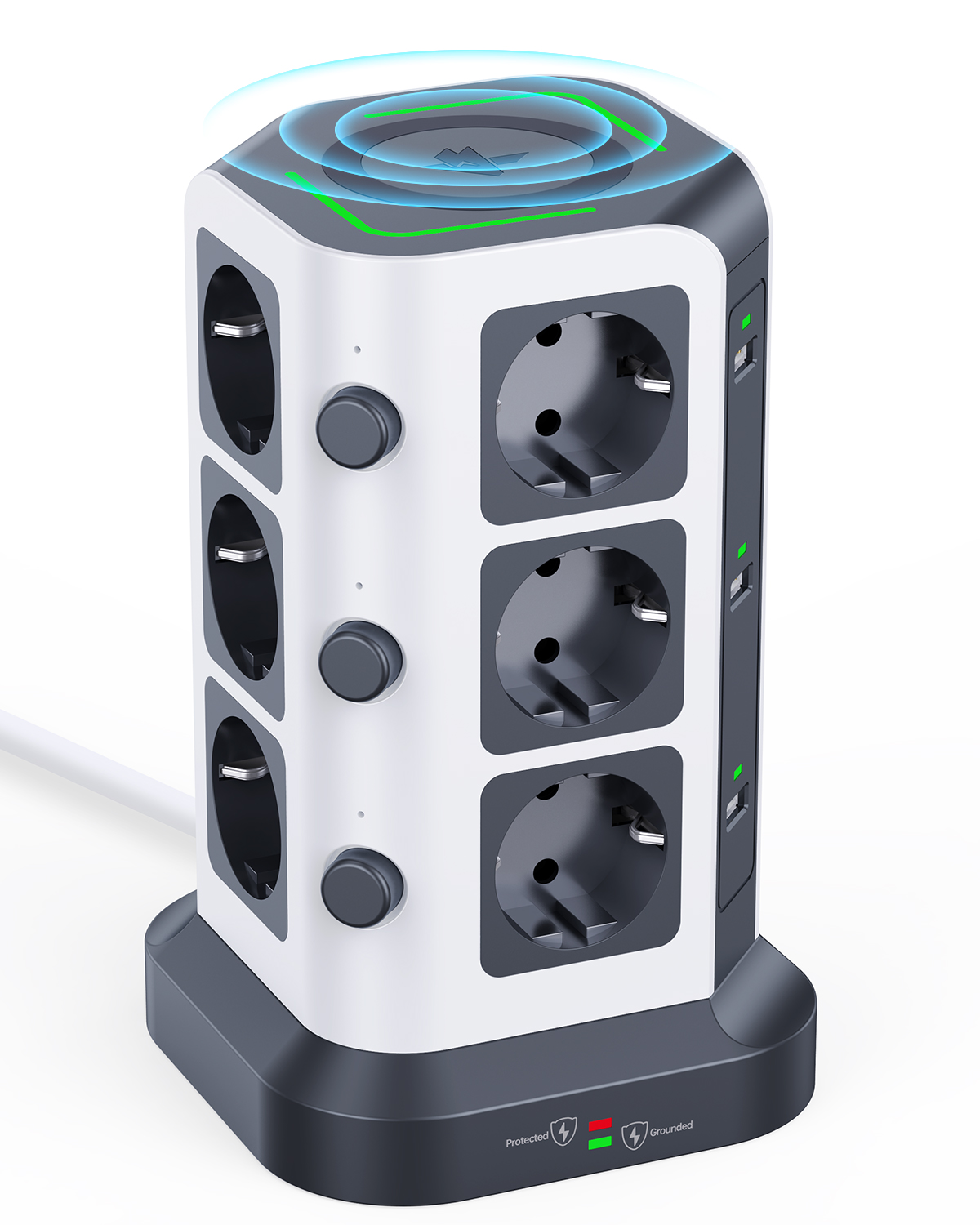 Power Strip Tower with Wireless Charger [max 15W], 2M Cable [Plug Type F]
