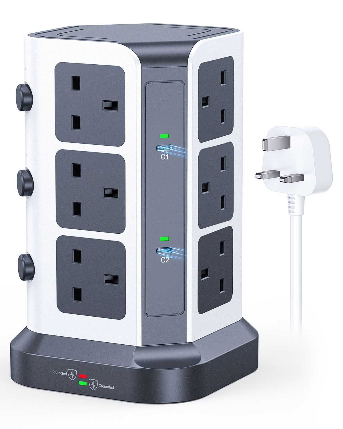 65WPD Power Strip Tower with 3 USB A & 2 USB C, 2M Cable [Plug Type G]